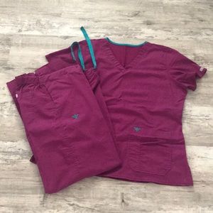 Med Couture purple & teal scrubs.